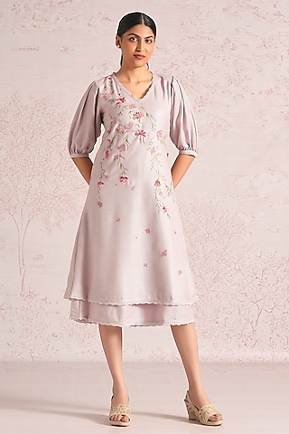 Mauve Linen Blend Floral Printed & Embroidered Midi Dress by Kaveri