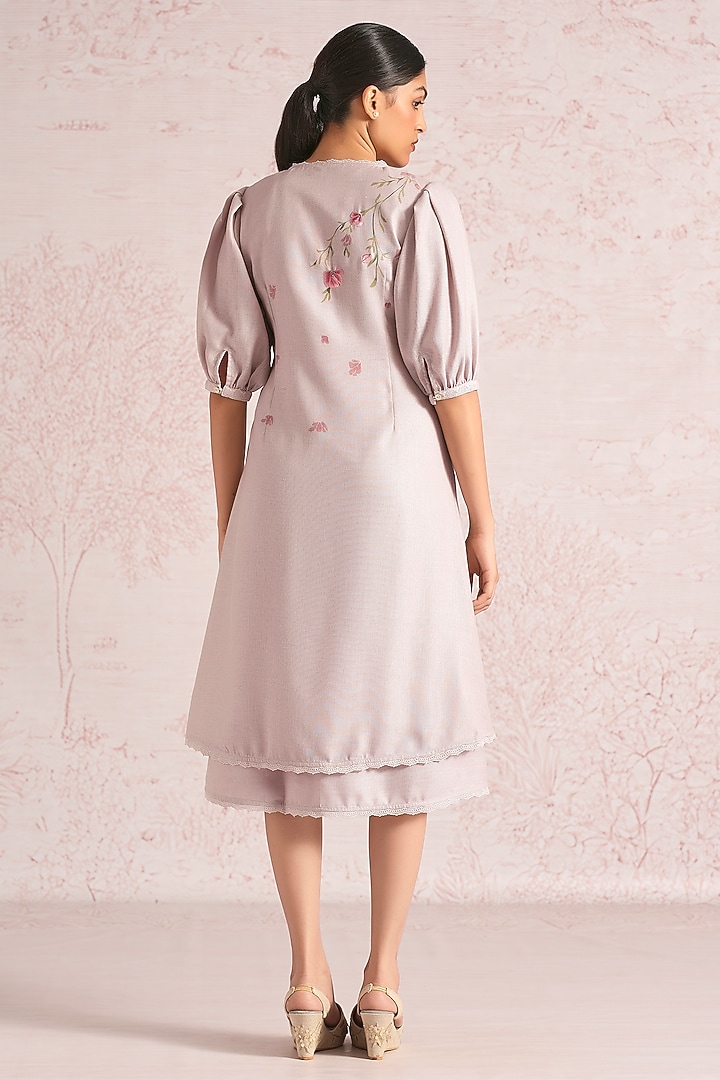 Mauve Linen Blend Floral Printed & Embroidered Midi Summer Dress by Kaveri at Pernia's Pop Up Shop