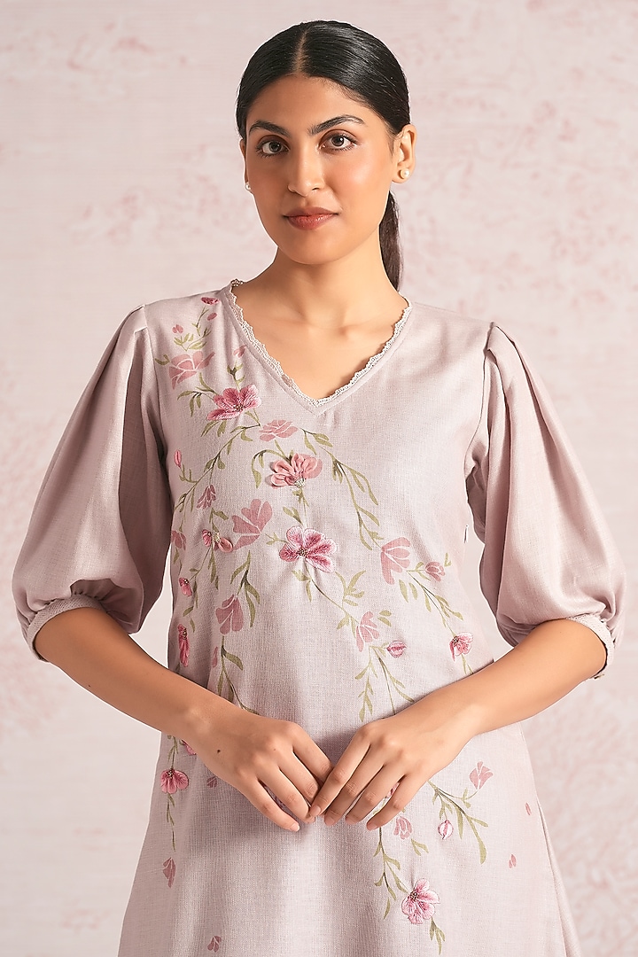 Mauve Linen Blend Floral Printed & Embroidered Midi Summer Dress by Kaveri at Pernia's Pop Up Shop