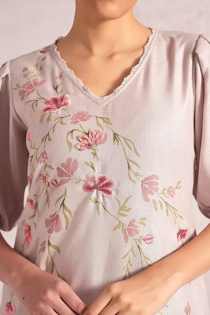 Mauve Linen Blend Floral Printed & Embroidered Midi Summer Dress by Kaveri at Pernia's Pop Up Shop