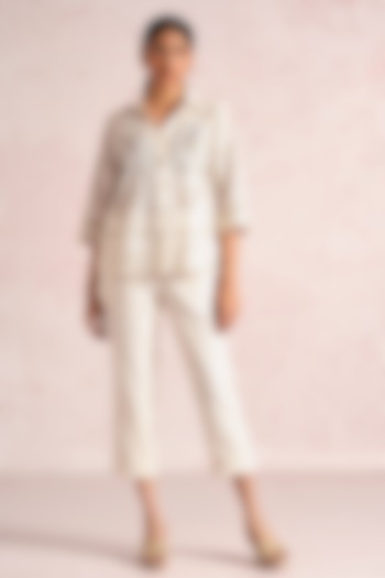 Off-White Linen Blend Printed & Embroidered Co-Ord Set by Kaveri at Pernia's Pop Up Shop