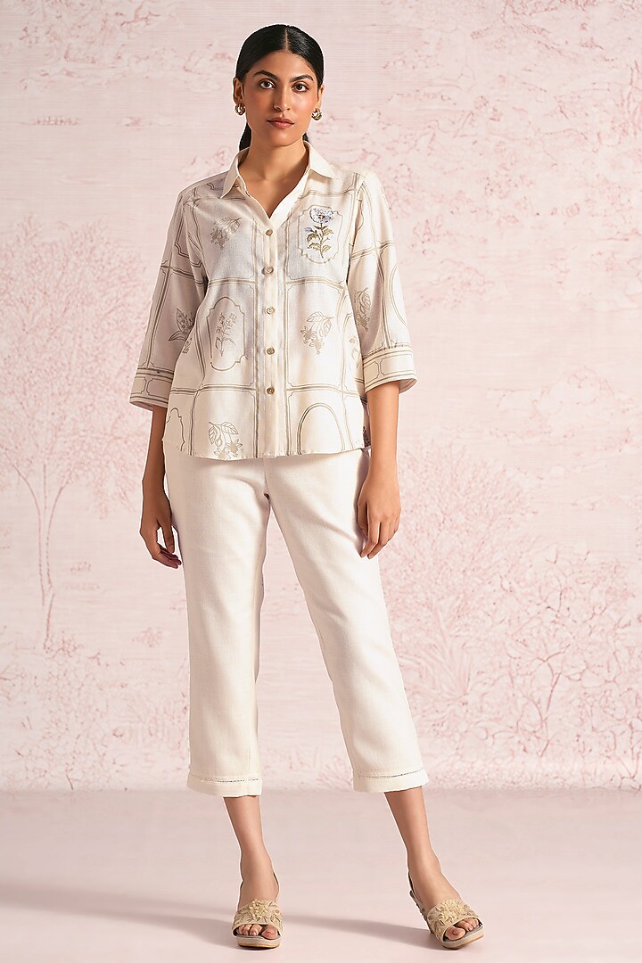 Off-White Linen Blend Printed & Embroidered Co-Ord Set by Kaveri at Pernia's Pop Up Shop