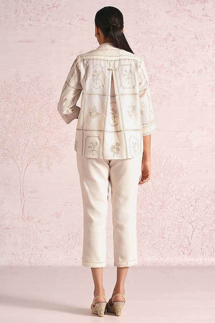Off-White Linen Blend Printed & Embroidered Co-Ord Set by Kaveri at Pernia's Pop Up Shop