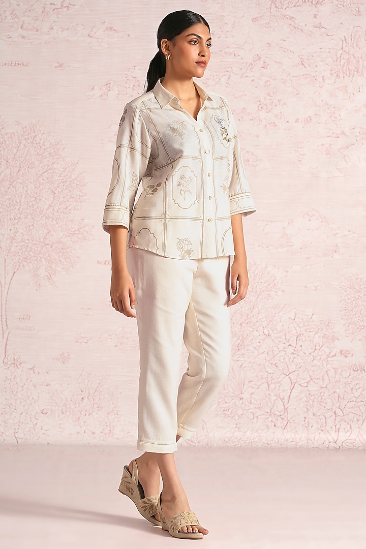 Off-White Linen Blend Printed & Embroidered Co-Ord Set by Kaveri at Pernia's Pop Up Shop
