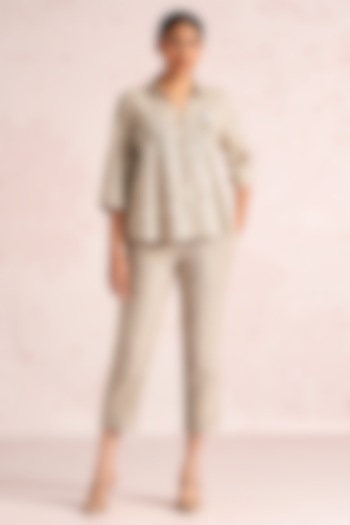 Natural Beige Linen Blend Printed & Embroidered Co-Ord Set by Kaveri at Pernia's Pop Up Shop