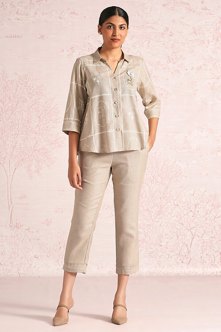 Natural Beige Linen Blend Printed & Embroidered Co-Ord Set by Kaveri at Pernia's Pop Up Shop