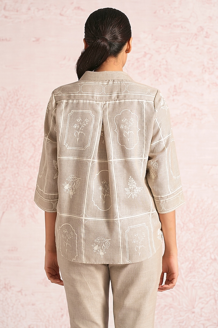 Natural Beige Linen Blend Printed & Embroidered Co-Ord Set by Kaveri at Pernia's Pop Up Shop