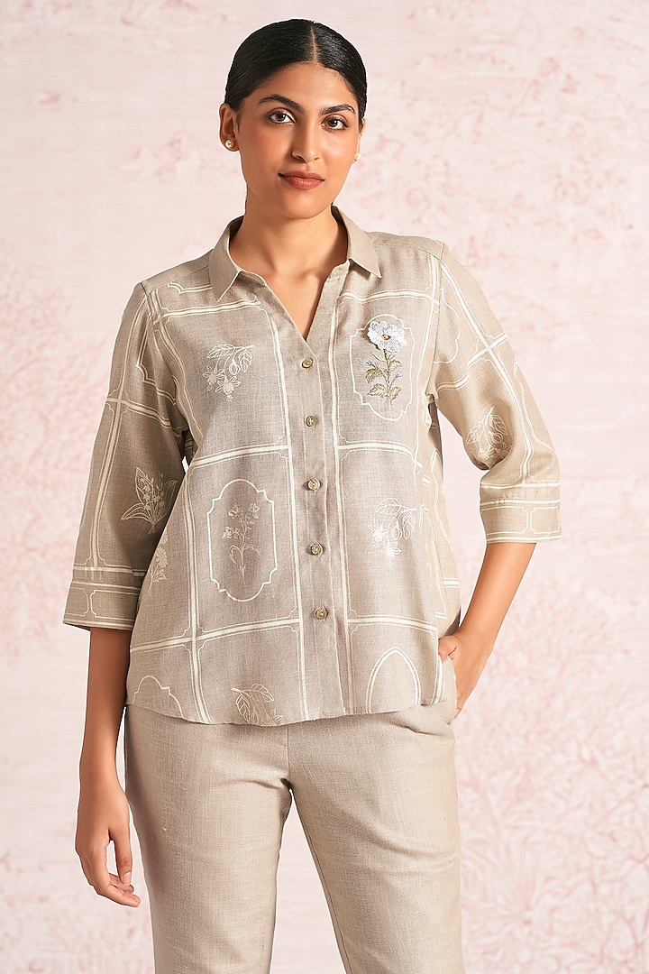Natural Beige Linen Blend Printed & Embroidered Co-Ord Set by Kaveri at Pernia's Pop Up Shop