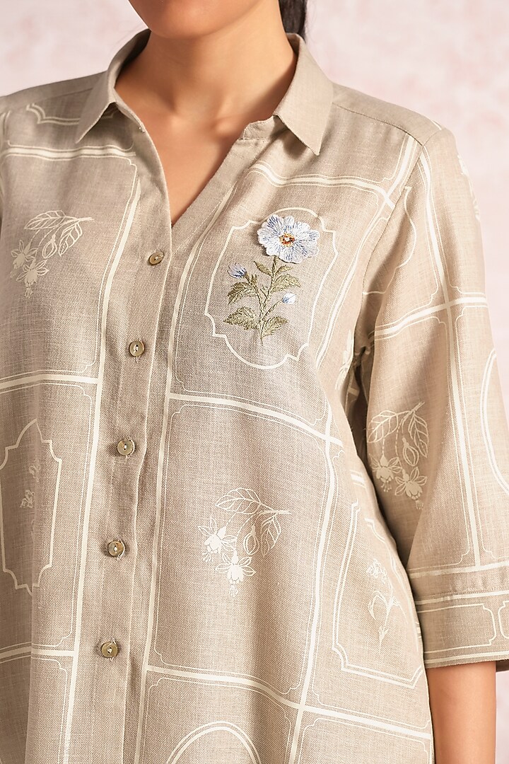 Natural Beige Linen Blend Printed & Embroidered Co-Ord Set by Kaveri at Pernia's Pop Up Shop