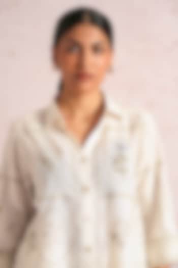 Off-White Linen Blend Printed & Embroidered Shirt by Kaveri at Pernia's Pop Up Shop