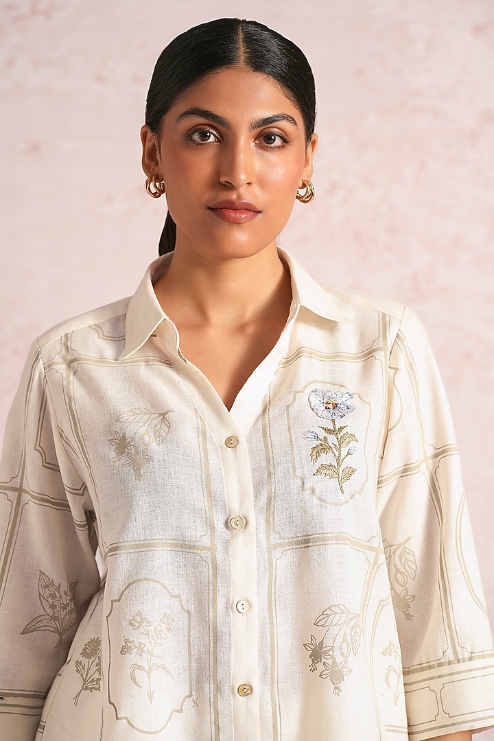 Off-White Linen Blend Printed & Embroidered Shirt by Kaveri at Pernia's Pop Up Shop