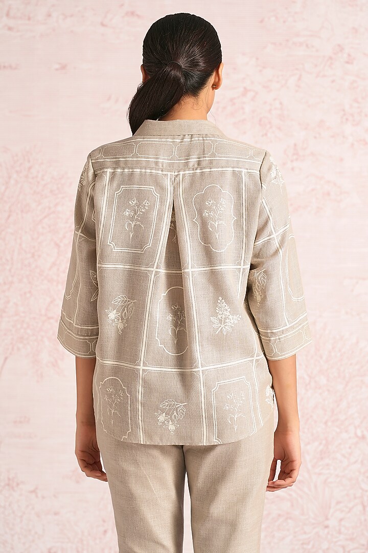 Natural Beige Linen Blend Printed & Embroidered Shirt by Kaveri at Pernia's Pop Up Shop