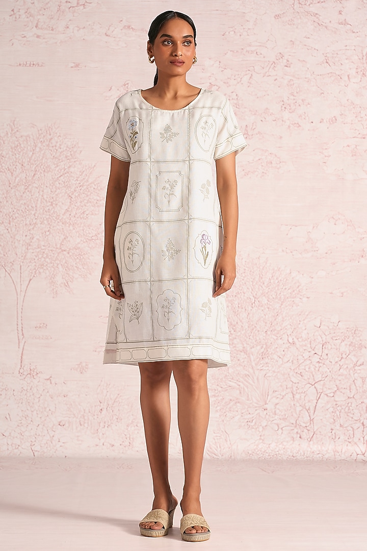 Off-White Linen Blend Printed & Embroidered Summer Dress by Kaveri at Pernia's Pop Up Shop