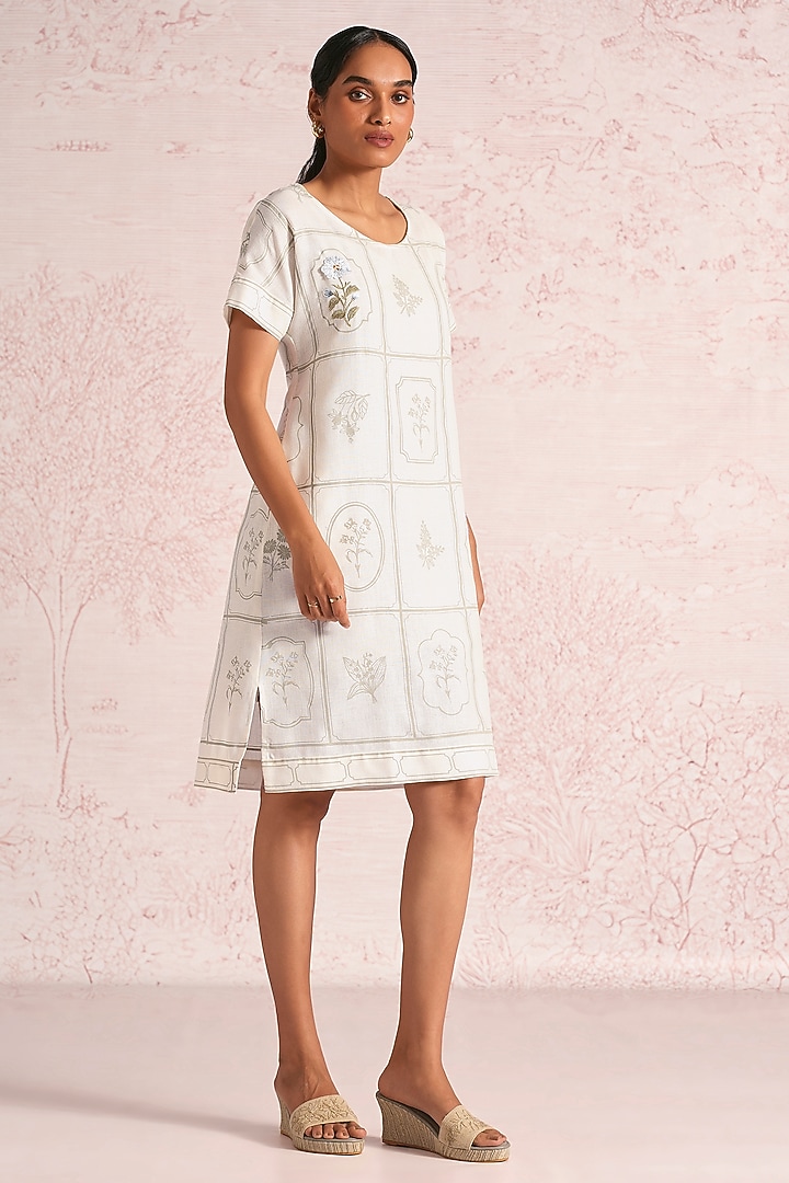 Off-White Linen Blend Printed & Embroidered Summer Dress by Kaveri at Pernia's Pop Up Shop