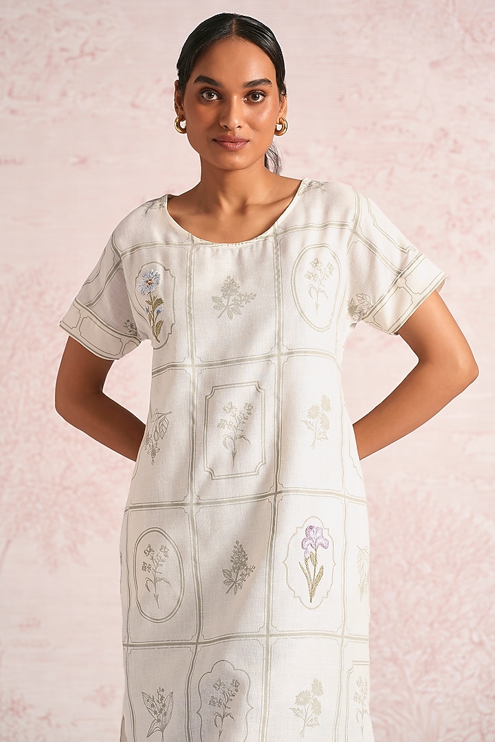 Off-White Linen Blend Printed & Embroidered Summer Dress by Kaveri at Pernia's Pop Up Shop