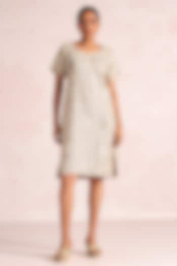 Natural Beige Linen Blend Printed & Embroidered Summer Dress by Kaveri at Pernia's Pop Up Shop