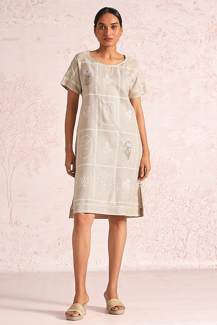 Natural Beige Linen Blend Printed & Embroidered Summer Dress by Kaveri at Pernia's Pop Up Shop