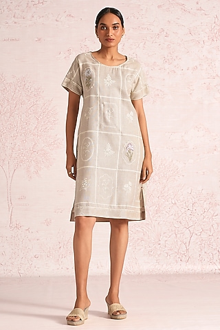 Natural Beige Linen Blend Printed & Embroidered Dress by Kaveri