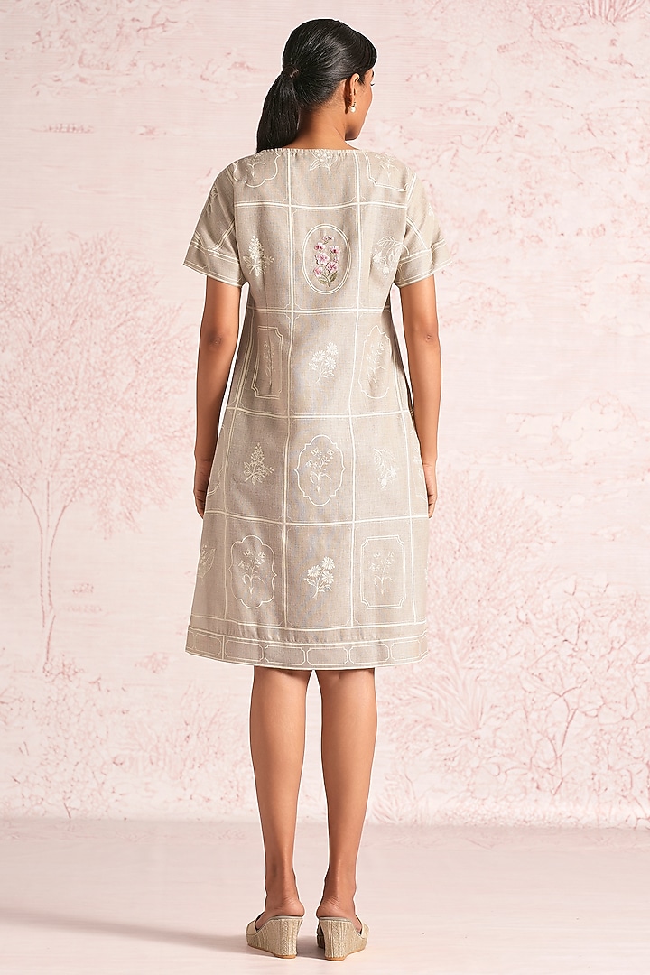 Natural Beige Linen Blend Printed & Embroidered Summer Dress by Kaveri at Pernia's Pop Up Shop