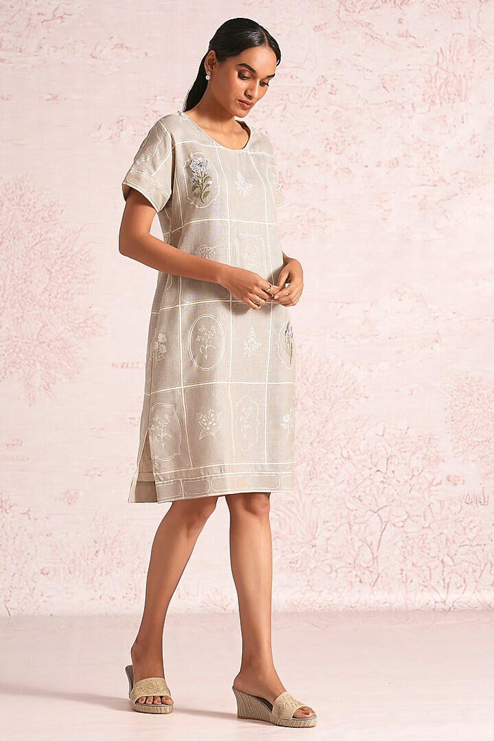 Natural Beige Linen Blend Printed & Embroidered Summer Dress by Kaveri at Pernia's Pop Up Shop