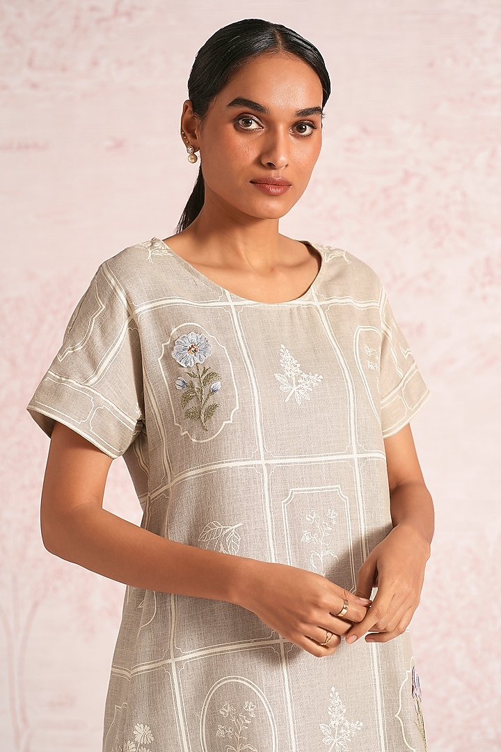 Natural Beige Linen Blend Printed & Embroidered Summer Dress by Kaveri at Pernia's Pop Up Shop