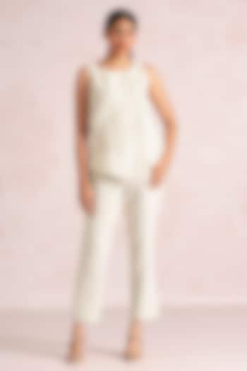 Off-White Linen Blend Floral Top by Kaveri at Pernia's Pop Up Shop