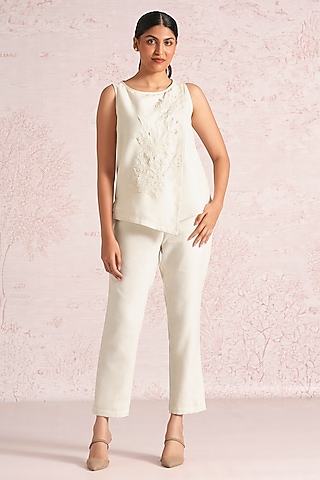 Off-White Linen Blend Floral Top by Kaveri