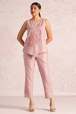 Blush Pink Linen Blend Floral Top by Kaveri