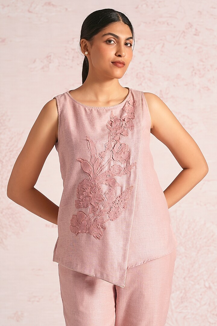 Blush Pink Linen Blend Floral Top by Kaveri at Pernia's Pop Up Shop