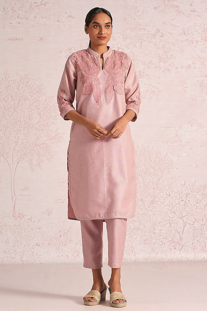 Blush Pink Linen Blend Floral Straight Kurta Set by Kaveri at Pernia's Pop Up Shop
