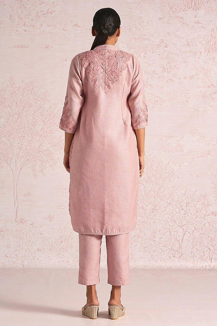 Blush Pink Linen Blend Floral Straight Kurta Set by Kaveri at Pernia's Pop Up Shop