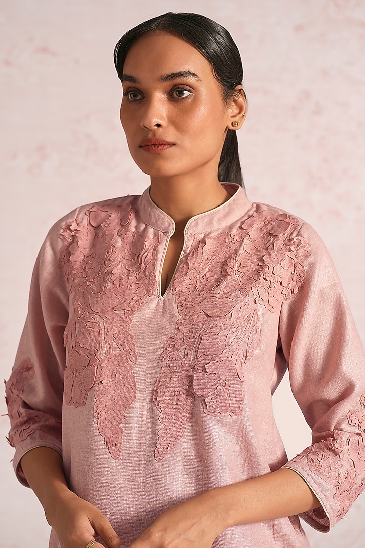 Blush Pink Linen Blend Floral Straight Kurta Set by Kaveri at Pernia's Pop Up Shop