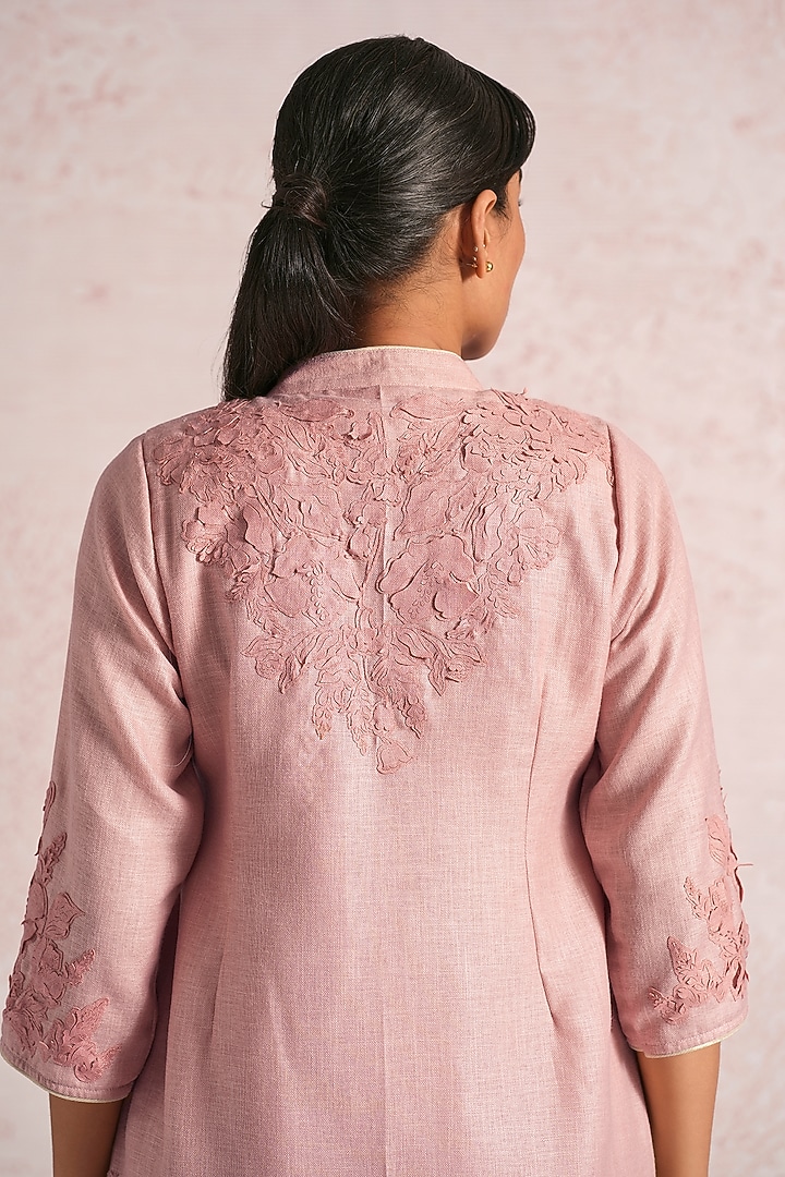 Blush Pink Linen Blend Floral Straight Kurta Set by Kaveri at Pernia's Pop Up Shop