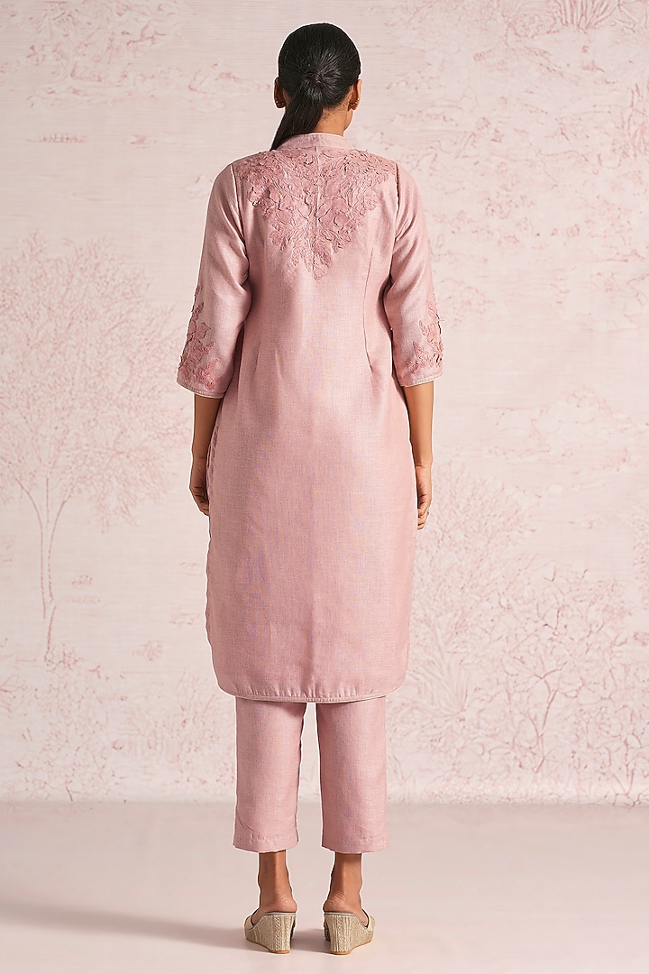 Blush Pink Linen Blend Floral Straight Kurta Set by Kaveri at Pernia's Pop Up Shop
