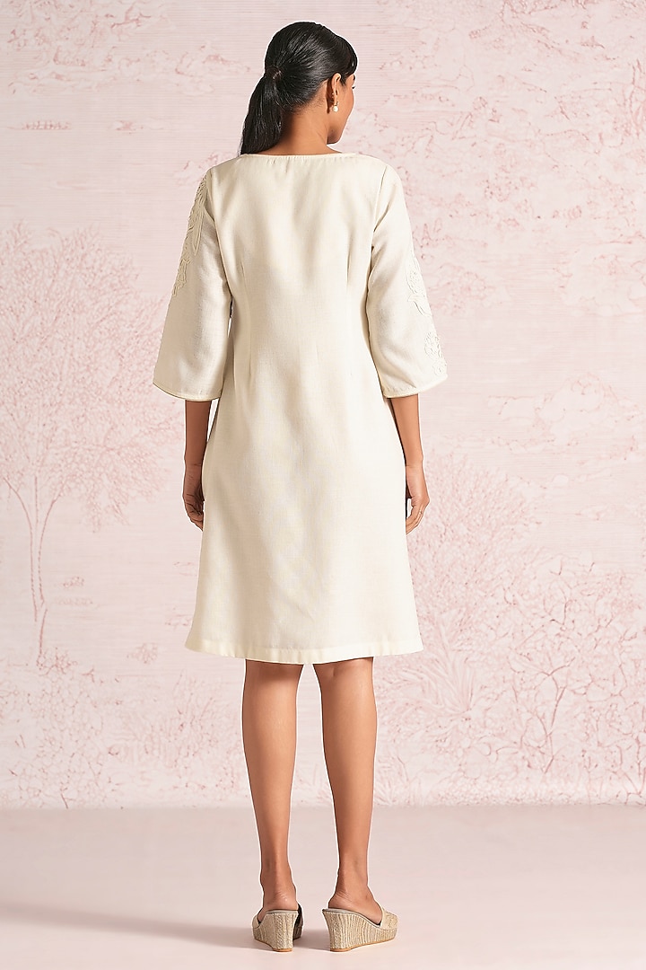 Off-White Linen Blend Floral Paneled Summer Dress by Kaveri at Pernia's Pop Up Shop