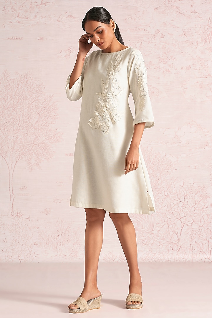 Off-White Linen Blend Floral Paneled Summer Dress by Kaveri at Pernia's Pop Up Shop