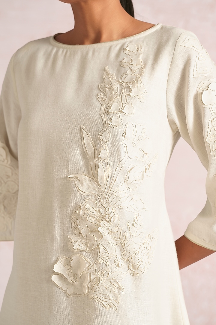 Off-White Linen Blend Floral Paneled Summer Dress by Kaveri at Pernia's Pop Up Shop