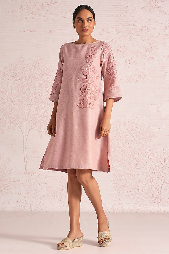 Blush Pink Linen Blend Floral Paneled Summer Dress by Kaveri at Pernia's Pop Up Shop