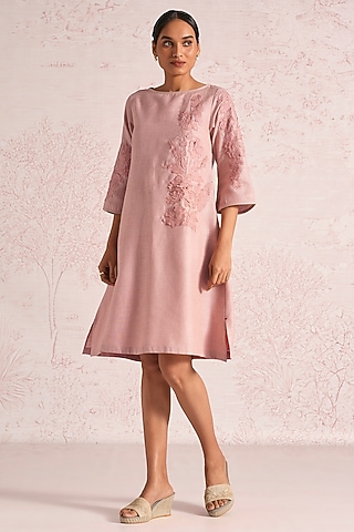 Blush Pink Linen Blend Floral Paneled Dress by Kaveri