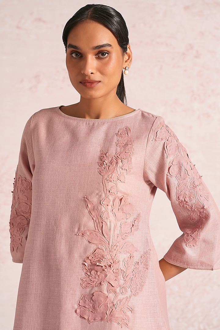 Blush Pink Linen Blend Floral Paneled Summer Dress by Kaveri at Pernia's Pop Up Shop