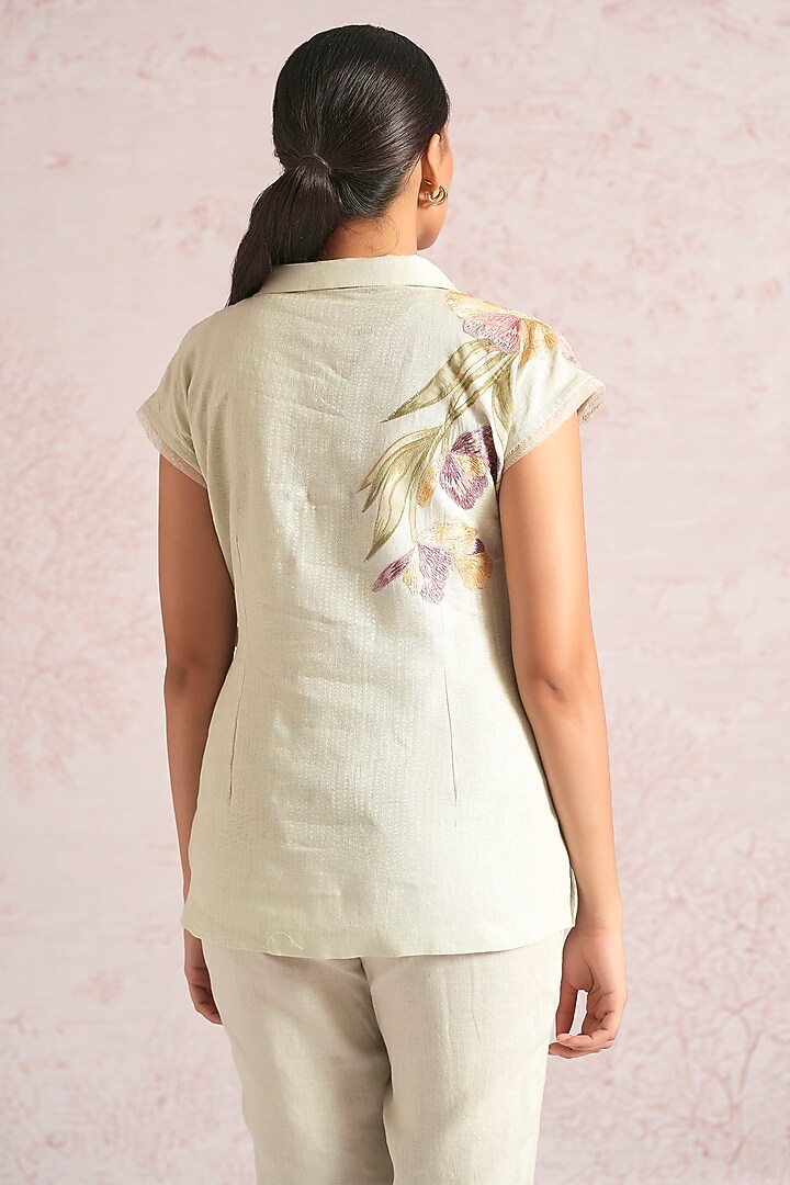 Bonny Green Linen Blend Applique Embroidered Top by Kaveri at Pernia's Pop Up Shop