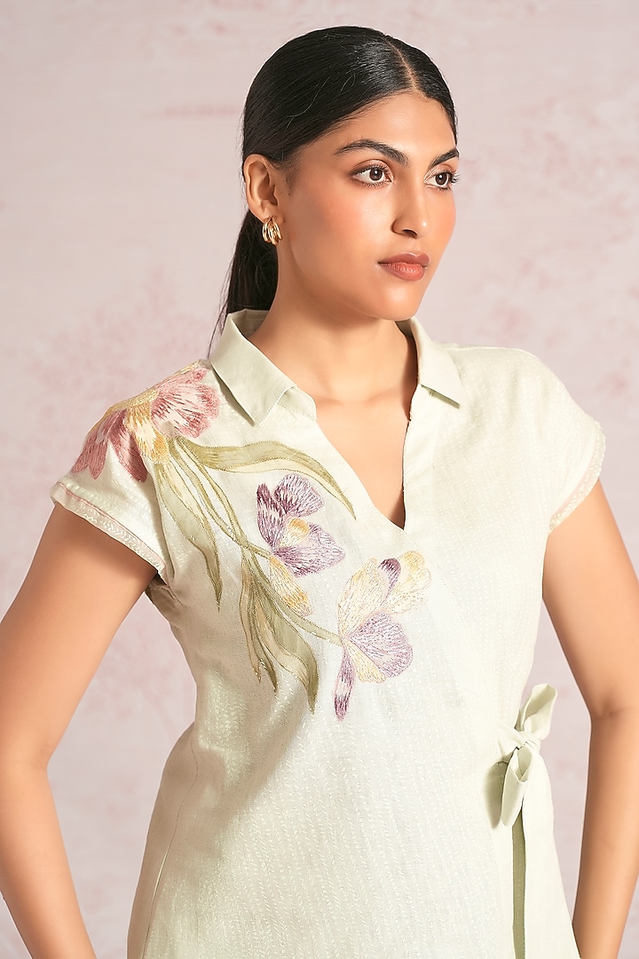 Bonny Green Linen Blend Applique Embroidered Top by Kaveri at Pernia's Pop Up Shop