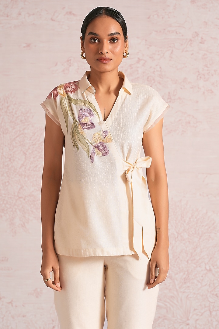 Parchment-Colored Linen Blend Applique Embroidered Top by Kaveri at Pernia's Pop Up Shop