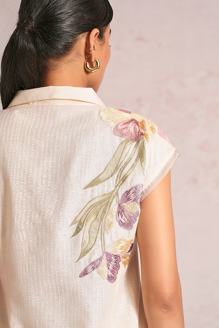 Parchment-Colored Linen Blend Applique Embroidered Top by Kaveri at Pernia's Pop Up Shop