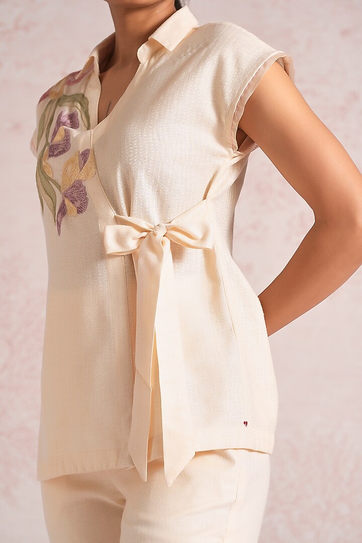 Parchment-Colored Linen Blend Applique Embroidered Top by Kaveri at Pernia's Pop Up Shop