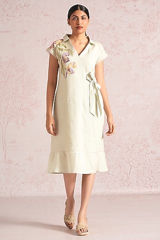 Bonny Green Linen Blend Applique Embellished Midi Dress by Kaveri
