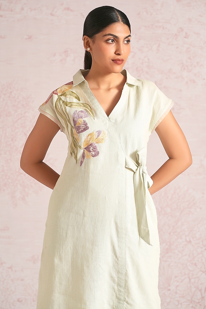Bonny Green Linen Blend Applique Embellished Midi Summer Dress by Kaveri at Pernia's Pop Up Shop