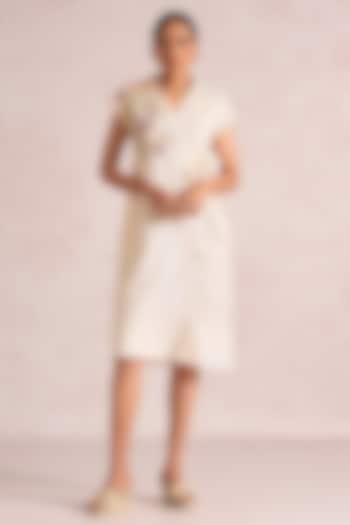 Parchment-Colored Linen Blend Applique Embellished Midi Summer Dress by Kaveri at Pernia's Pop Up Shop