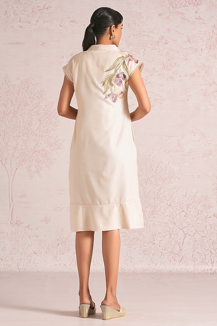 Parchment-Colored Linen Blend Applique Embellished Midi Summer Dress by Kaveri at Pernia's Pop Up Shop