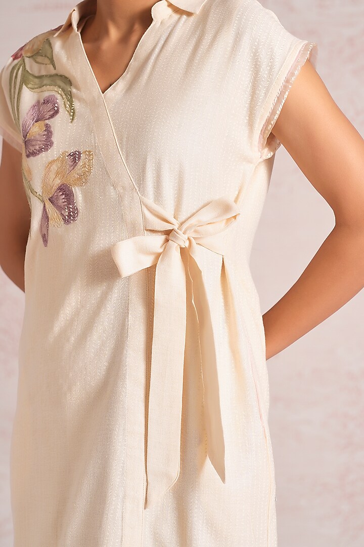 Parchment-Colored Linen Blend Applique Embellished Midi Summer Dress by Kaveri at Pernia's Pop Up Shop